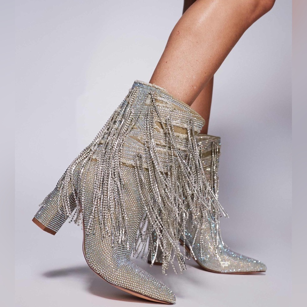 Azalea Wang Relentless embellished fringe heeled ankle boots in silver Sz 6